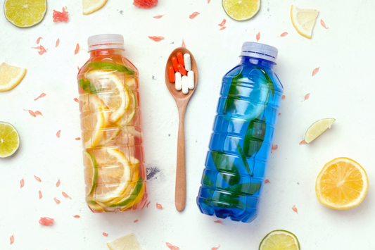 Bouteilles d'eau aromatisée aux fruits et cuillère de suppléments nutritionnels - Concept de santé et de bien-être avec hydratation et vitamines