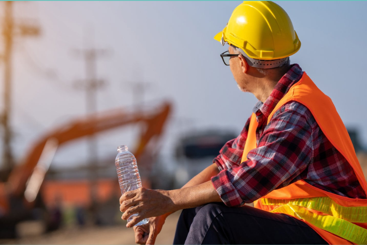 Bauarbeiter, der sich auf einer Baustelle mit Flüssigkeit versorgt. Das Bild unterstreicht die Bedeutung von Hydration und Sicherheit für die Aufrechterhaltung der Leistungsfähigkeit und die Vermeidung von Risiken am Arbeitsplatz.