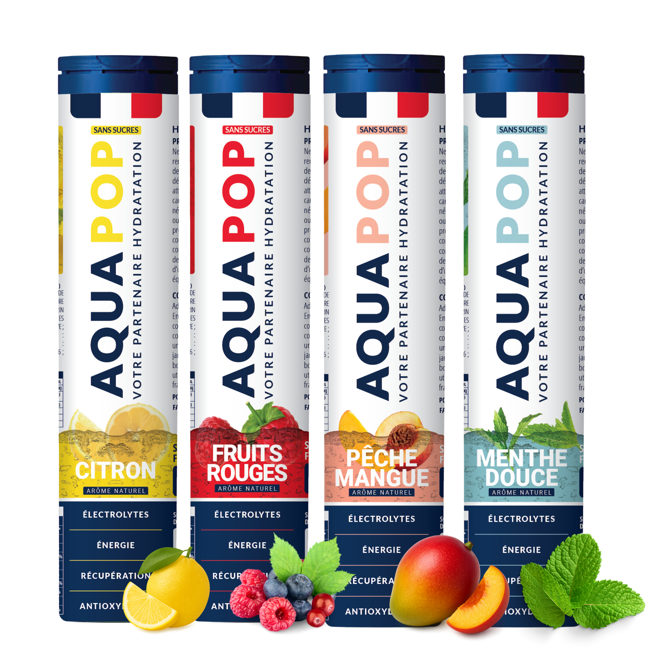 Two Aqua Pop tubes, red fruit, and lemon flavors, against a gradient background.