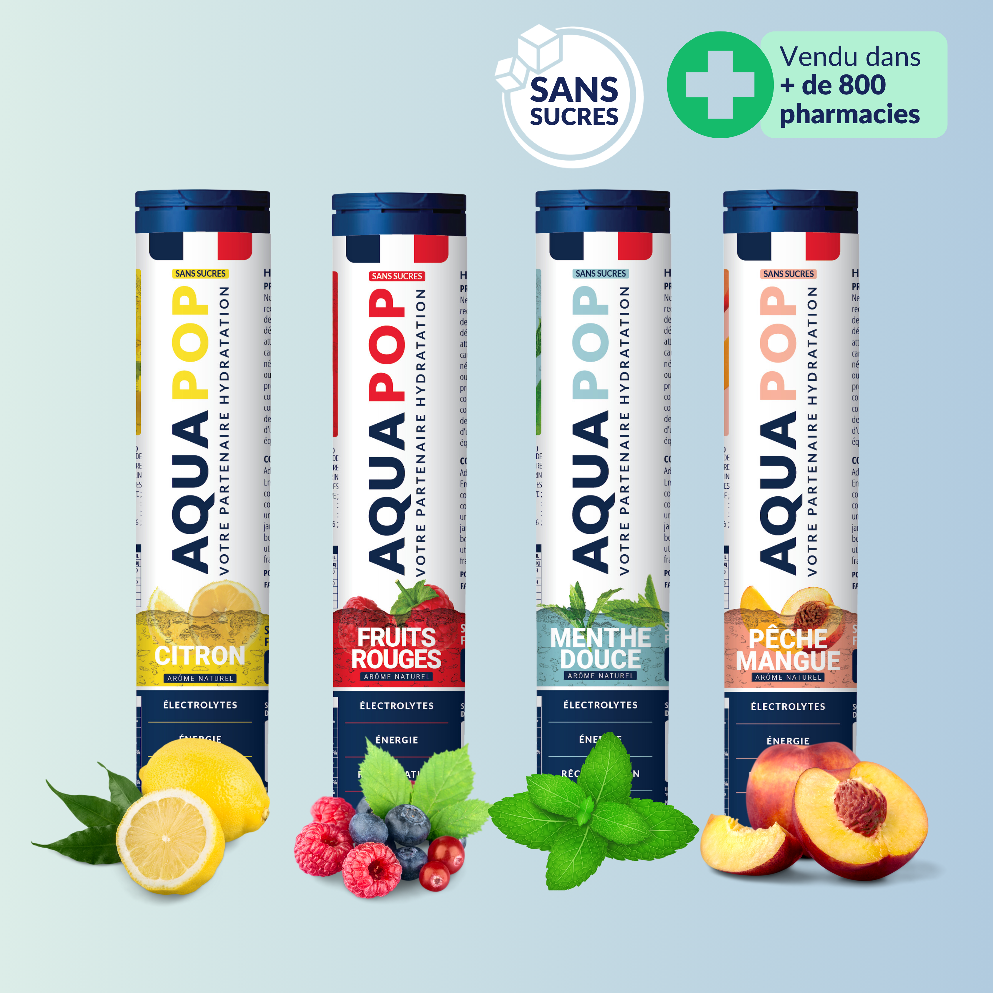 Two Aqua Pop tubes, red fruit, and lemon flavors, against a gradient background.