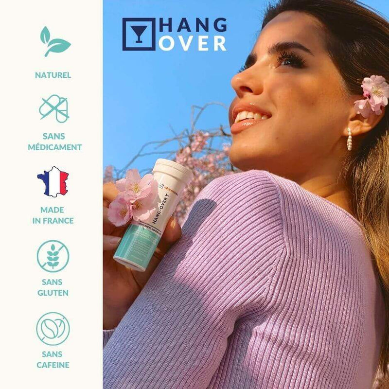 Femme tenant un tube de HANG-OVER – fabriqué en France, sans gluten, sans caféine